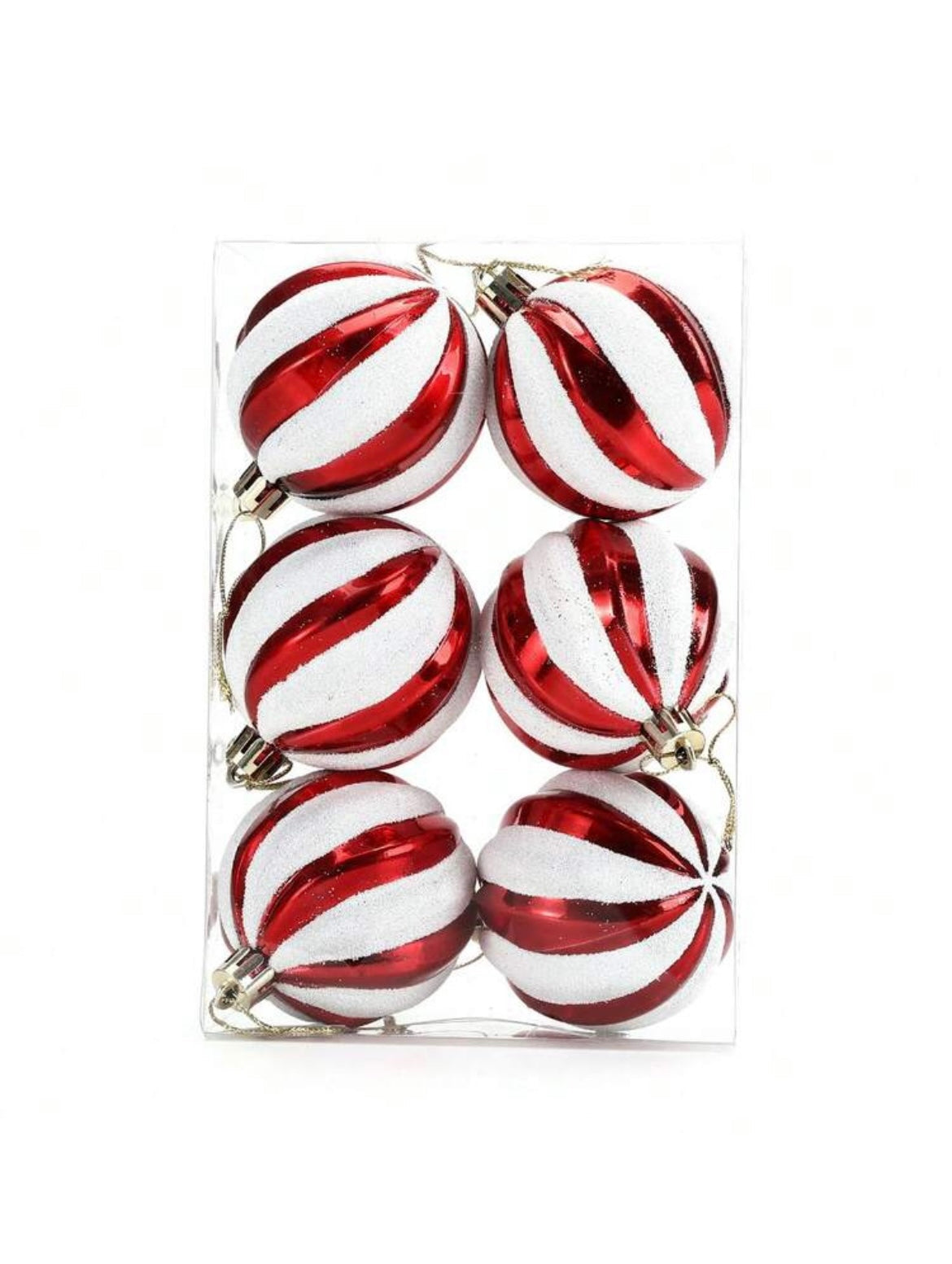 Set of six red and white striped Christmas ornaments in a clear packaging on a light gray background.