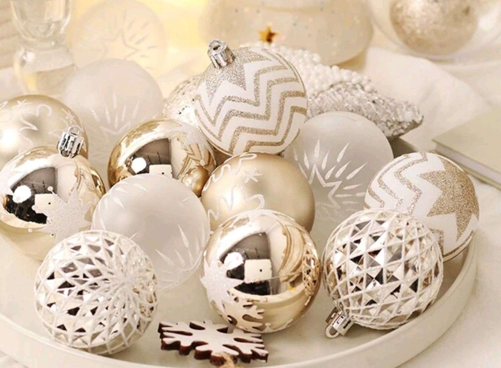Shiny gold and white christmas ornaments